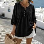 Black Women's Pin-Tuck Tunic Blouse with Relaxed Long-Sleeve Fit — Yvette - Outdoor Pose