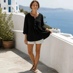 Black Women's Pin-Tuck Tunic Blouse with Relaxed Long-Sleeve Fit — Yvette - Worn Lifestyle Full