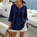 Navy Blue Women's Pin-Tuck Tunic Blouse with Relaxed Long-Sleeve Fit — Yvette - Outdoor Pose