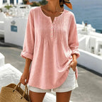 Pink Women's Pin-Tuck Tunic Blouse with Relaxed Long-Sleeve Fit — Yvette - Outdoor Pose