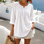 White Women's Pin-Tuck Tunic Blouse with Relaxed Long-Sleeve Fit — Yvette - Outdoor Pose