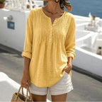 Yellow Women's Pin-Tuck Tunic Blouse with Relaxed Long-Sleeve Fit — Yvette - Outdoor Pose