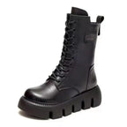 Black Women's Platform Combat Boots with Lace-Up Front & Cushioned Footbed — Kira - Studio Front Angle