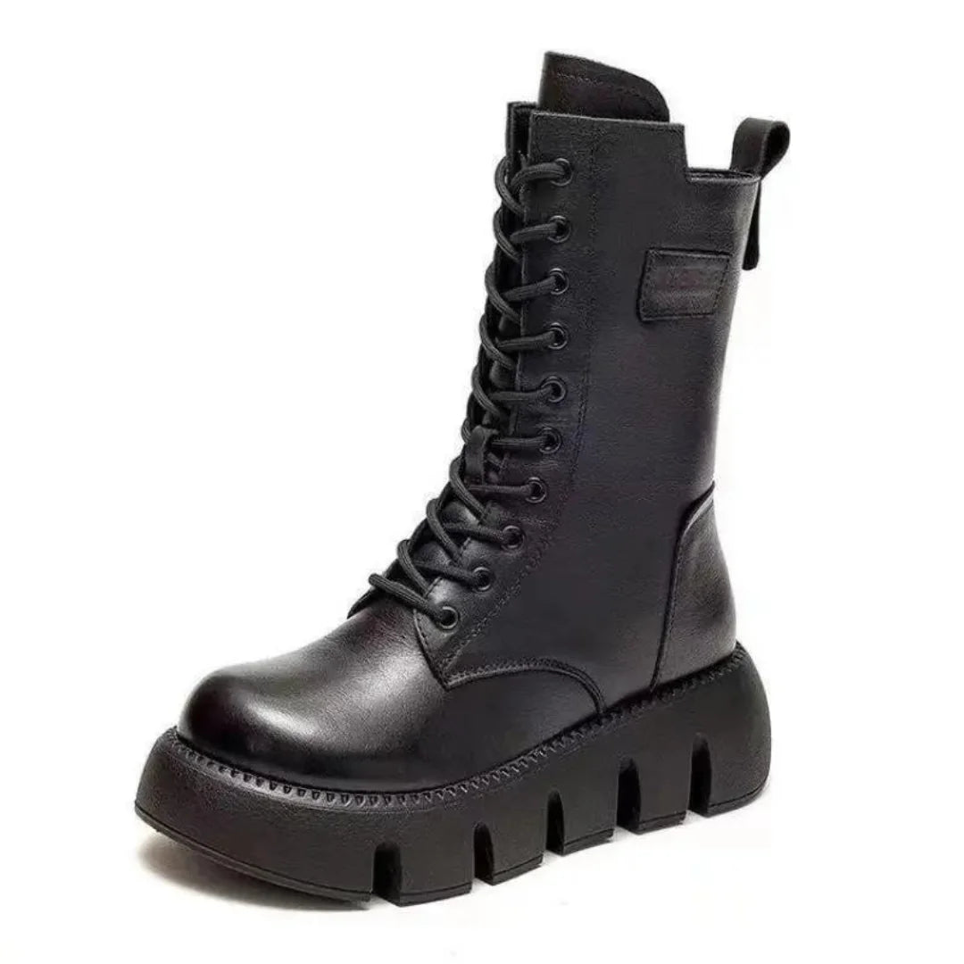 Black Women's Platform Combat Boots with Lace-Up Front & Cushioned Footbed — Kira - Studio Front Angle