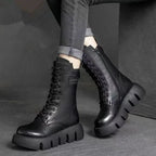 Black Women's Platform Combat Boots with Lace-Up Front & Cushioned Footbed — Kira - Worn Lifestyle Seated