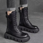 Black Women's Platform Combat Boots with Lace-Up Front & Cushioned Footbed — Kira - Worn Lifestyle Side