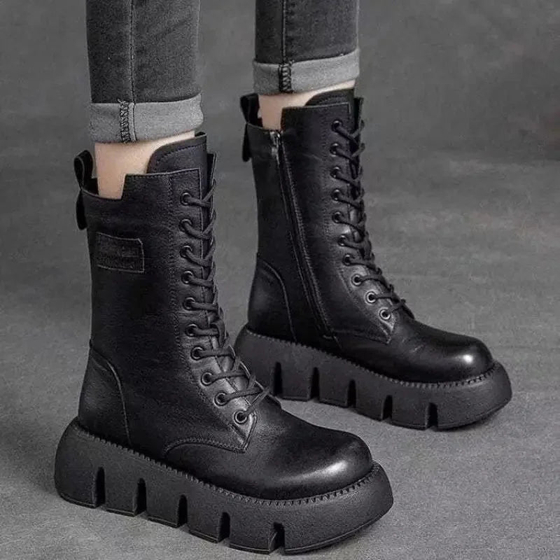Black Women's Platform Combat Boots with Lace-Up Front & Cushioned Footbed — Kira - Worn Lifestyle Side