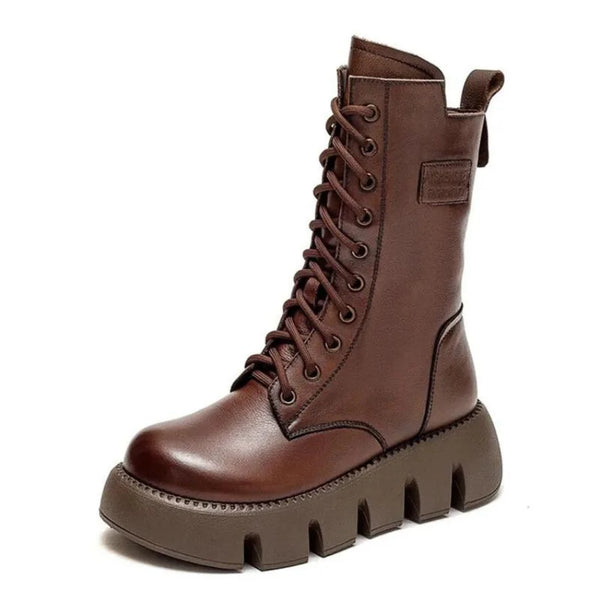 Brown Women's Platform Combat Boots with Lace-Up Front & Cushioned Footbed — Kira - Studio Side Angle