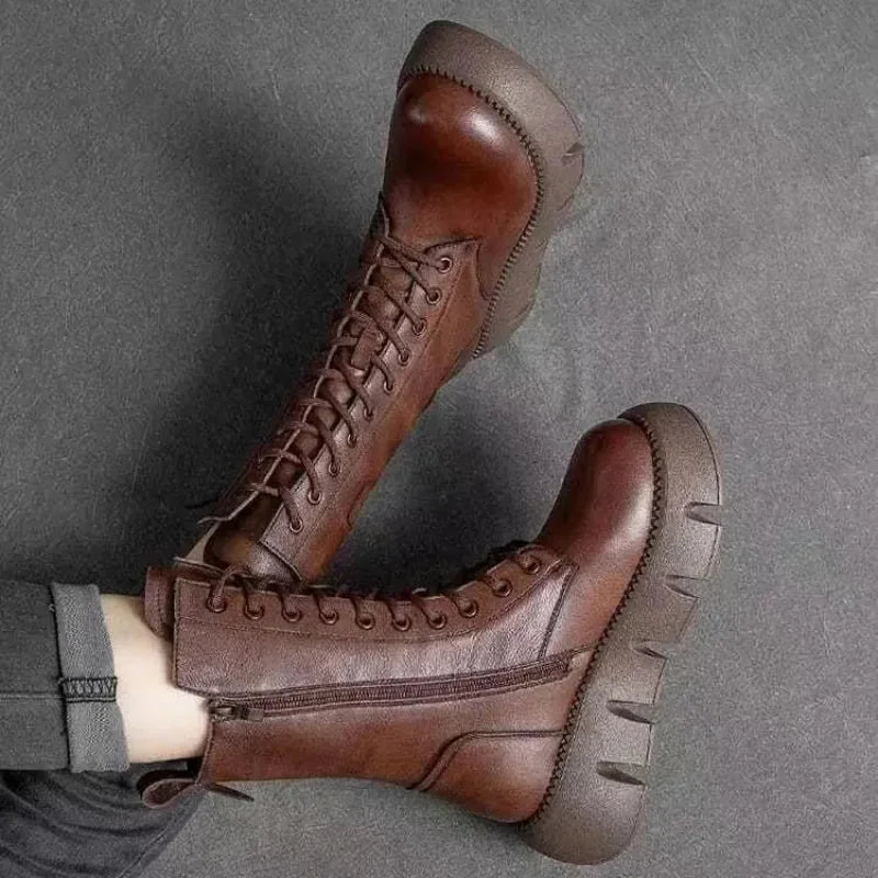 Brown Women's Platform Combat Boots with Lace-Up Front & Cushioned Footbed — Kira - Top Down Pair
