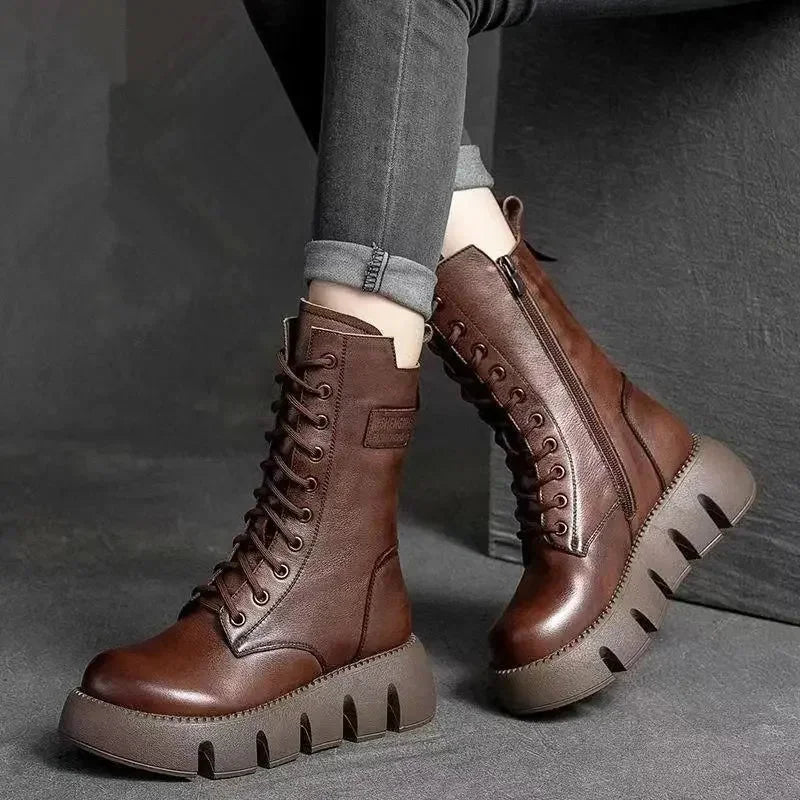 Brown Women's Platform Combat Boots with Lace-Up Front & Cushioned Footbed — Kira - Worn Lifestyle Front