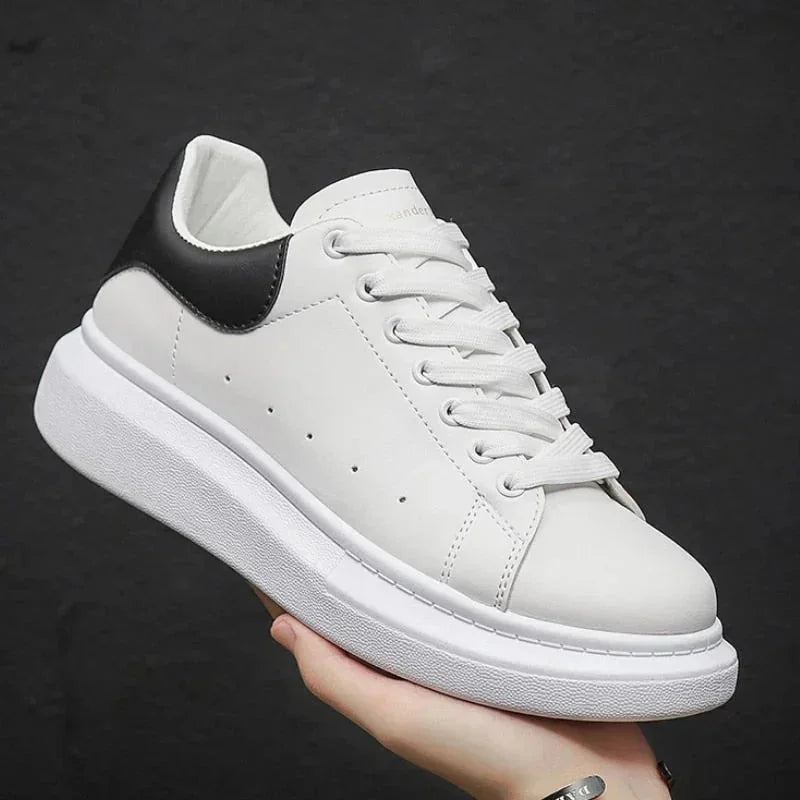 Black Men's White Lace-Up Platform Sneakers with Chunky Sole — Bennett - Side Angle Hand