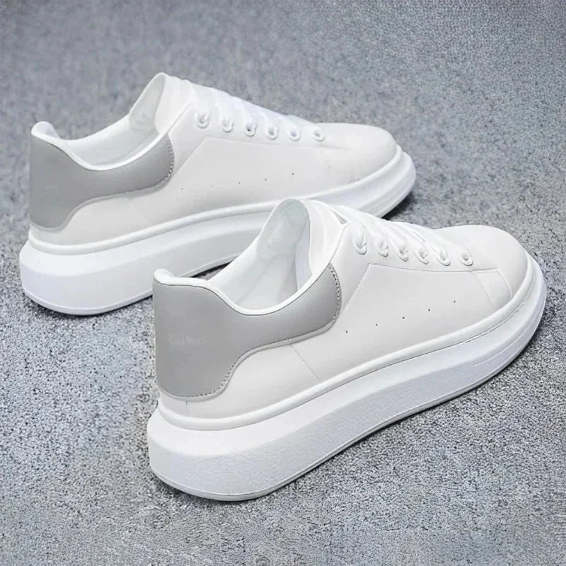 Black Men's White Lace-Up Platform Sneakers with Chunky Sole — Bennett - Side Profile Heel