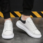 White Men's White Lace-Up Platform Sneakers with Chunky Sole — Bennett - Back Angle Pair