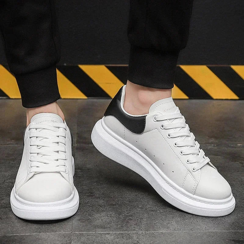 White Men's White Lace-Up Platform Sneakers with Chunky Sole — Bennett - Back Angle Pair