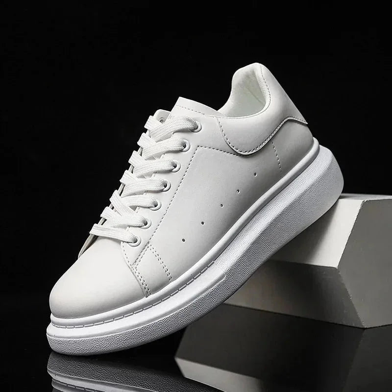 White Men's White Lace-Up Platform Sneakers with Chunky Sole — Bennett - Side Angle Box