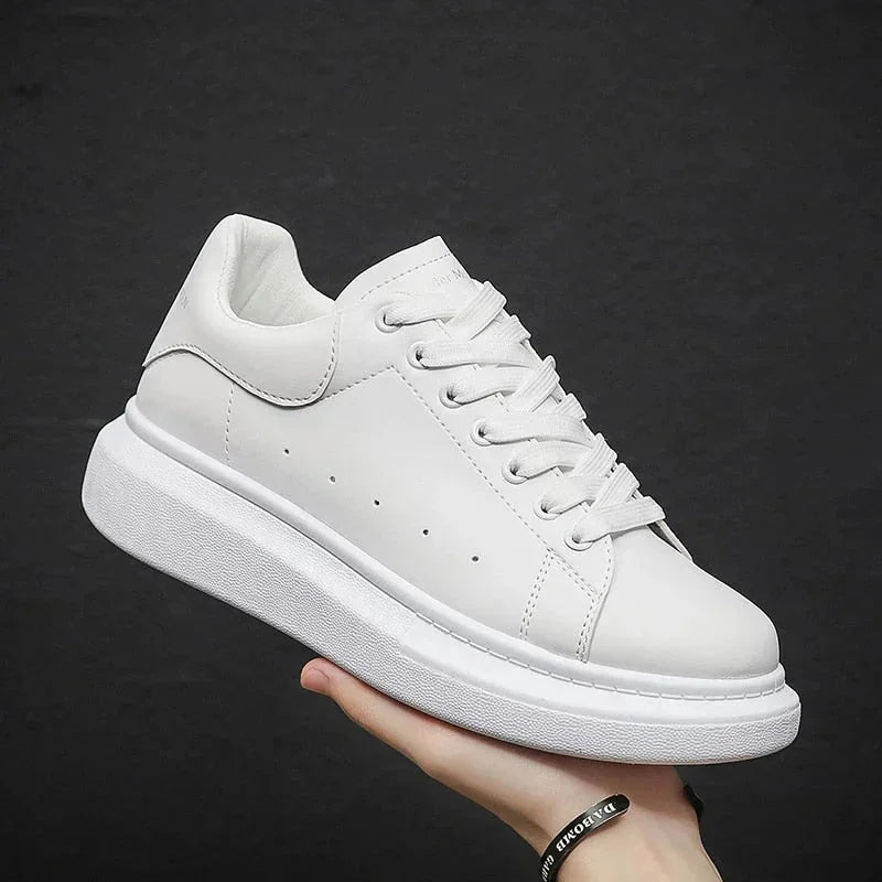 White Men's White Lace-Up Platform Sneakers with Chunky Sole — Bennett - Side Angle Hand