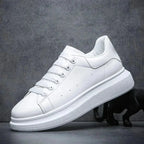 White Men's White Lace-Up Platform Sneakers with Chunky Sole — Bennett - Side Profile Studio