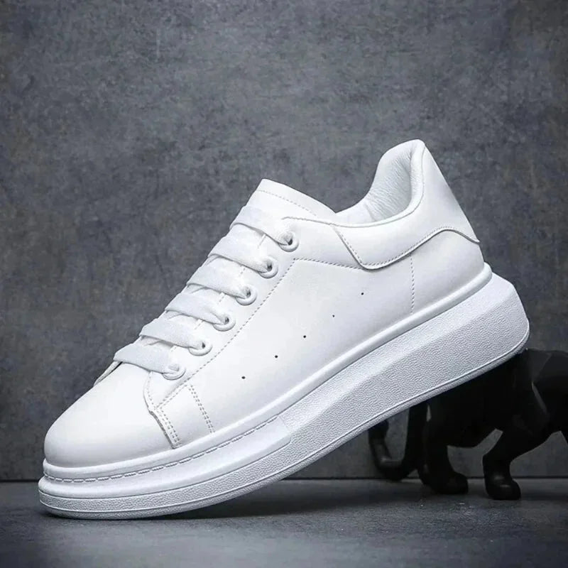 White Men's White Lace-Up Platform Sneakers with Chunky Sole — Bennett - Side Profile Studio