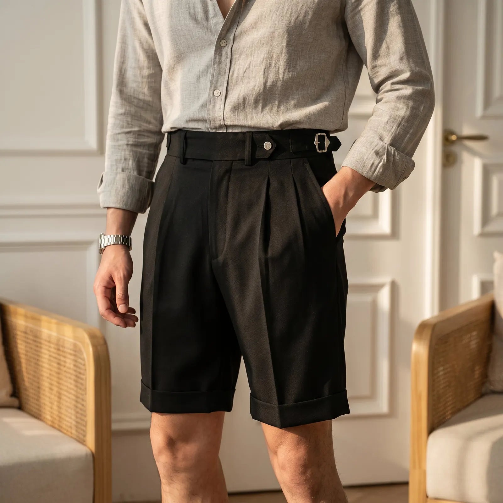 Black Men's Gurkha Shorts with Pleated Front & Relaxed Comfort Fit