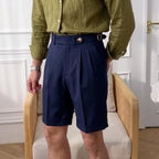 Navy Blue Men's Gurkha Shorts with Pleated Front & Relaxed Comfort Fit — Theo