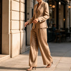 Coffee Women's Linen Blazer Suit Set with Pleated High-Waist Wide-Leg Trousers — Jasmine