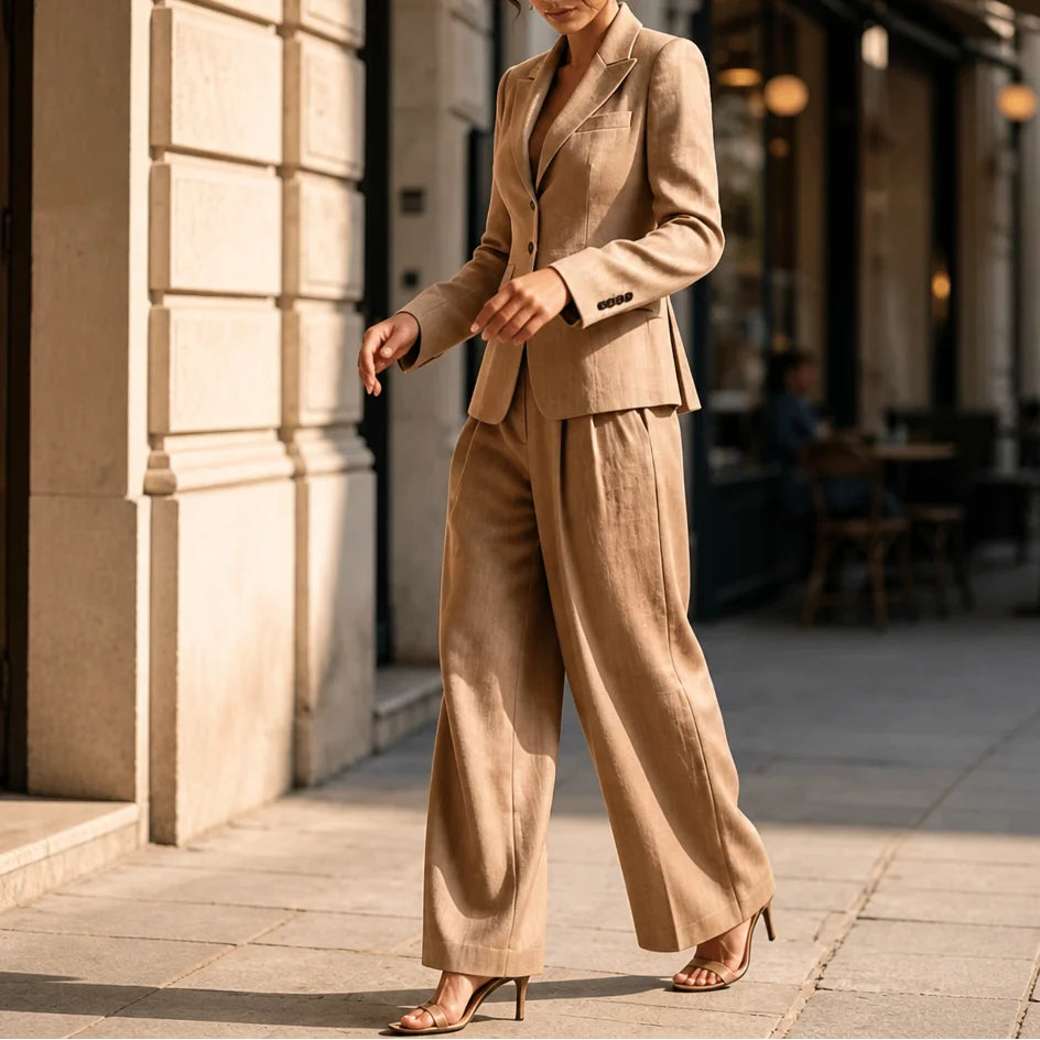 Coffee Women's Linen Blazer Suit Set with Pleated High-Waist Wide-Leg Trousers — Jasmine