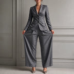 Dark Grey Women's Linen Blazer Suit Set with Pleated High-Waist Wide-Leg Trousers — Jasmine