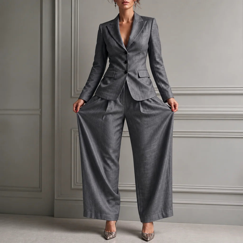 Dark Grey Women's Linen Blazer Suit Set with Pleated High-Waist Wide-Leg Trousers — Jasmine