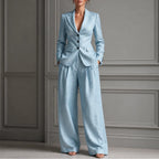 Light Blue Women's Linen Blazer Suit Set with Pleated High-Waist Wide-Leg Trousers — Jasmine