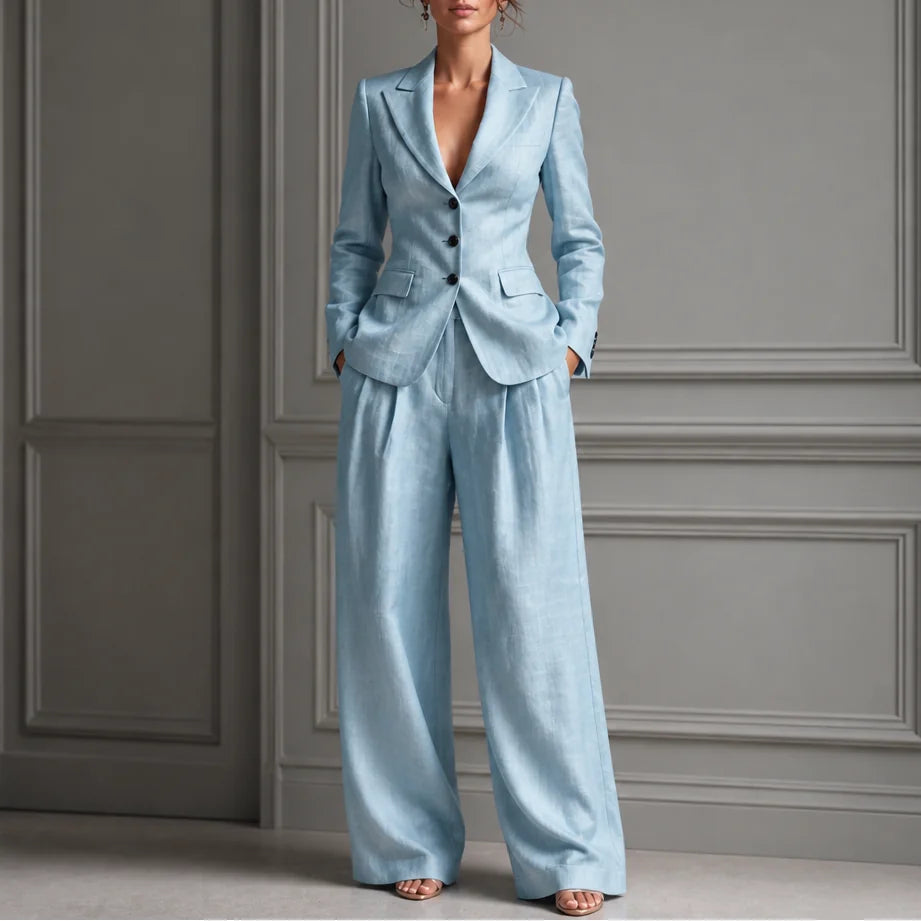 Light Blue Women's Linen Blazer Suit Set with Pleated High-Waist Wide-Leg Trousers — Jasmine