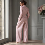 Pink Women's Linen Blazer Suit Set with Pleated High-Waist Wide-Leg Trousers — Jasmine - Back Full