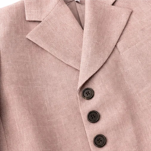 Pink Women's Linen Blazer Suit Set with Pleated High-Waist Wide-Leg Trousers — Jasmine - Close Up Lapel