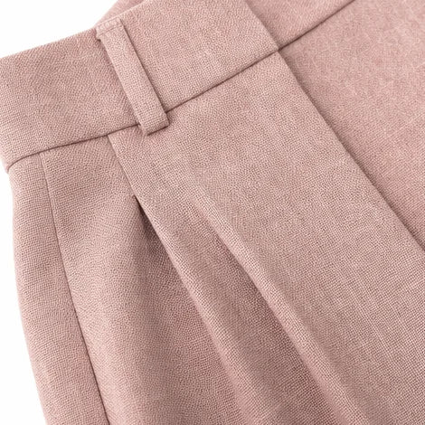 Pink Women's Linen Blazer Suit Set with Pleated High-Waist Wide-Leg Trousers — Jasmine - Close Up Waist Pleat