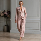 Pink Women's Linen Blazer Suit Set with Pleated High-Waist Wide-Leg Trousers — Jasmine - Front Walking