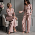 Pink Women's Linen Blazer Suit Set with Pleated High-Waist Wide-Leg Trousers — Jasmine - Two Models Pose
