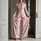 Pink Women's Linen Blazer Suit Set with Pleated High-Waist Wide-Leg Trousers — Jasmine - Wide Pose Doorway