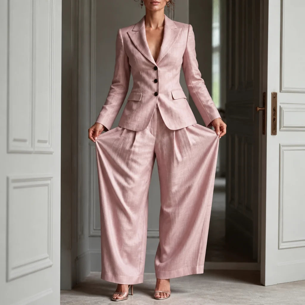 Pink Women's Linen Blazer Suit Set with Pleated High-Waist Wide-Leg Trousers — Jasmine - Wide Pose Doorway