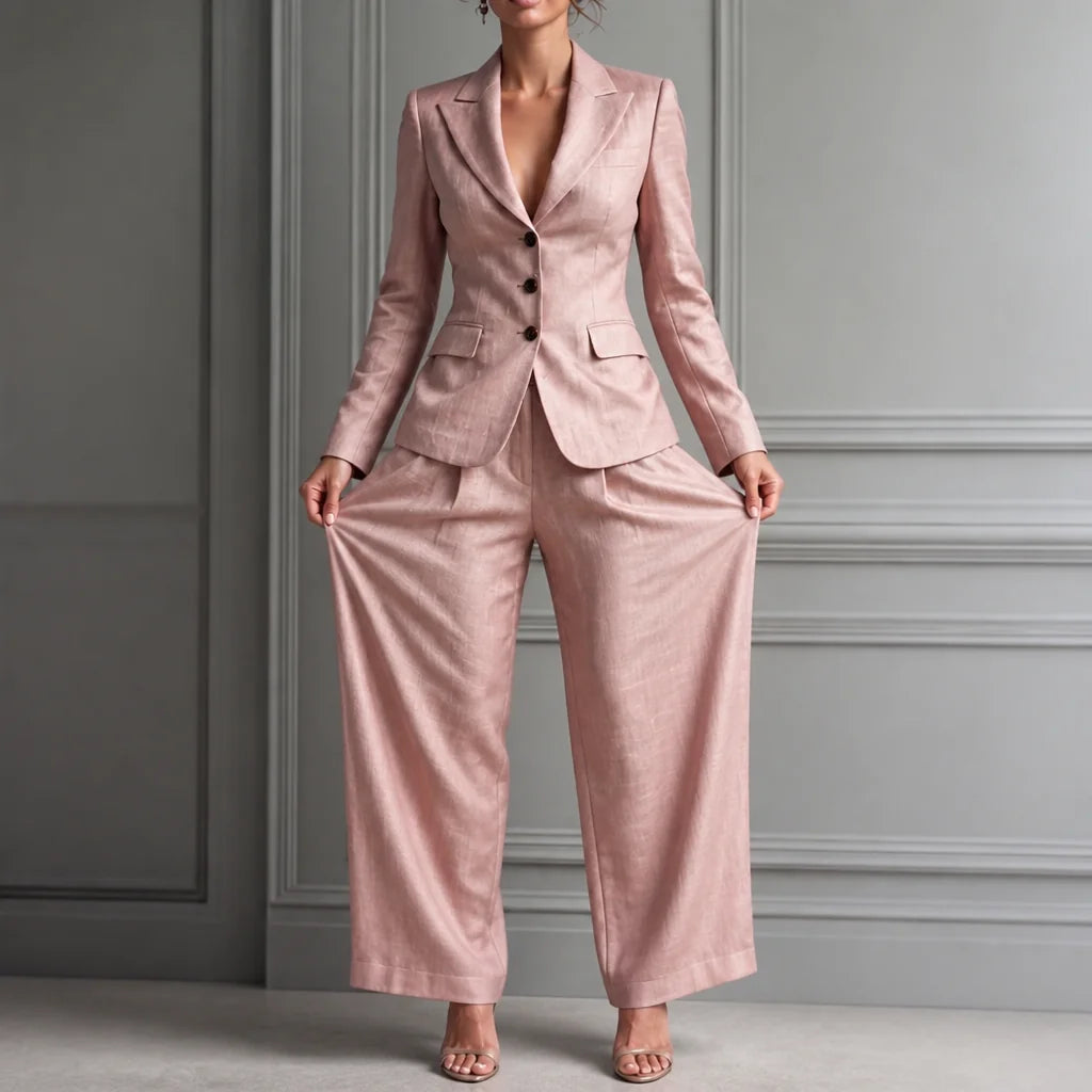 Pink Women's Linen Blazer Suit Set with Pleated High-Waist Wide-Leg Trousers — Jasmine - Wide Pose Studio