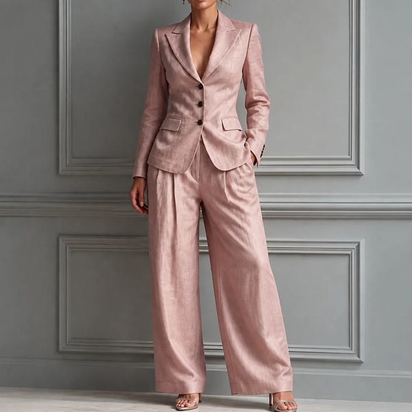 Pink Women's Linen Blazer Suit Set with Pleated High-Waist Wide-Leg Trousers — Jasmine