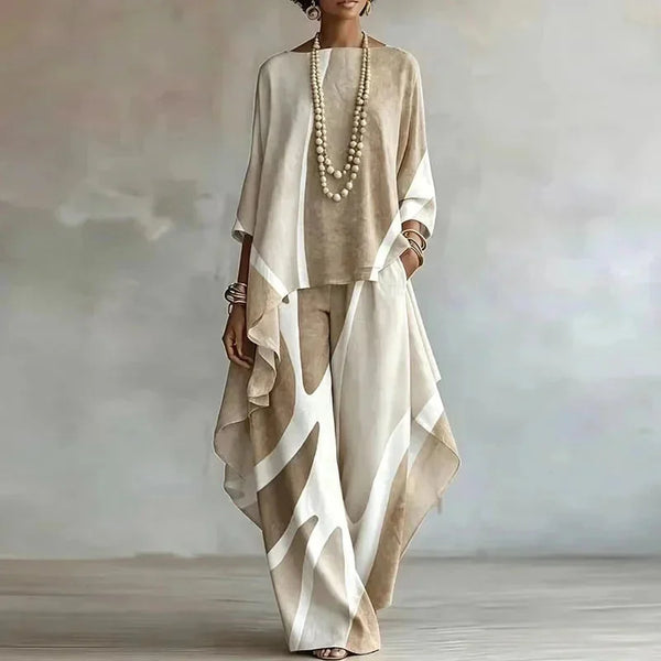 Beige Women's Abstract Print Trouser Set with Wide-Leg Pants & Draped Poncho Top — Skylar