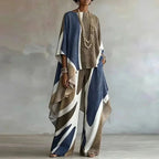 Blue Women's Abstract Print Trouser Set with Wide-Leg Pants & Draped Poncho Top — Skylar