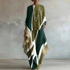 Green Women's Abstract Print Trouser Set with Wide-Leg Pants & Draped Poncho Top
