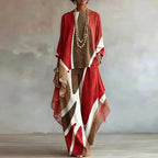 Red Women's Abstract Print Trouser Set with Wide-Leg Pants & Draped Poncho Top — Skylar