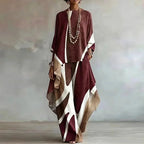 Wine Red Women's Abstract Print Trouser Set with Wide-Leg Pants & Draped Poncho Top - Front Portrait