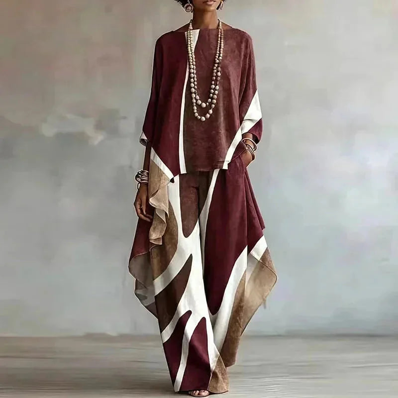 Wine Red Women's Abstract Print Trouser Set with Wide-Leg Pants & Draped Poncho Top - Front Portrait