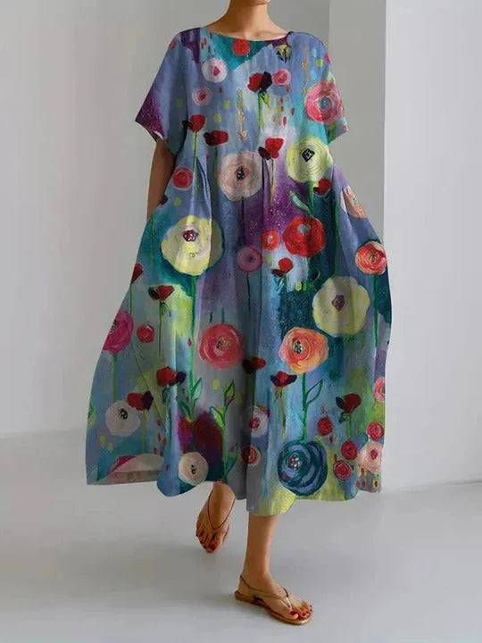 Multicolor Women's Oversized Printed Dress with Round Neckline & Draped Fit - Front Walking Pose
