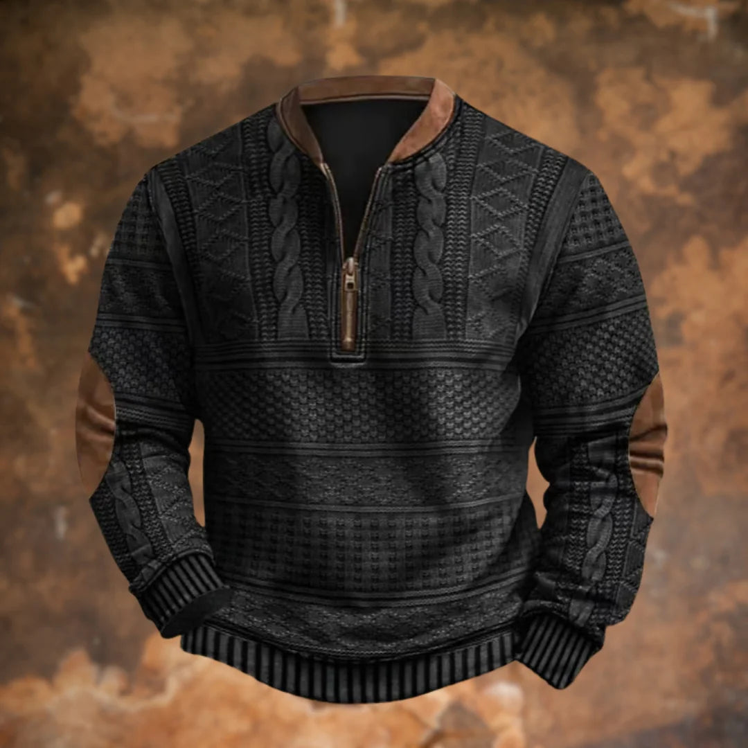 Black Men's Quarter Zip Sweater with Cable Knit Texture & Relaxed Fit — Hudson