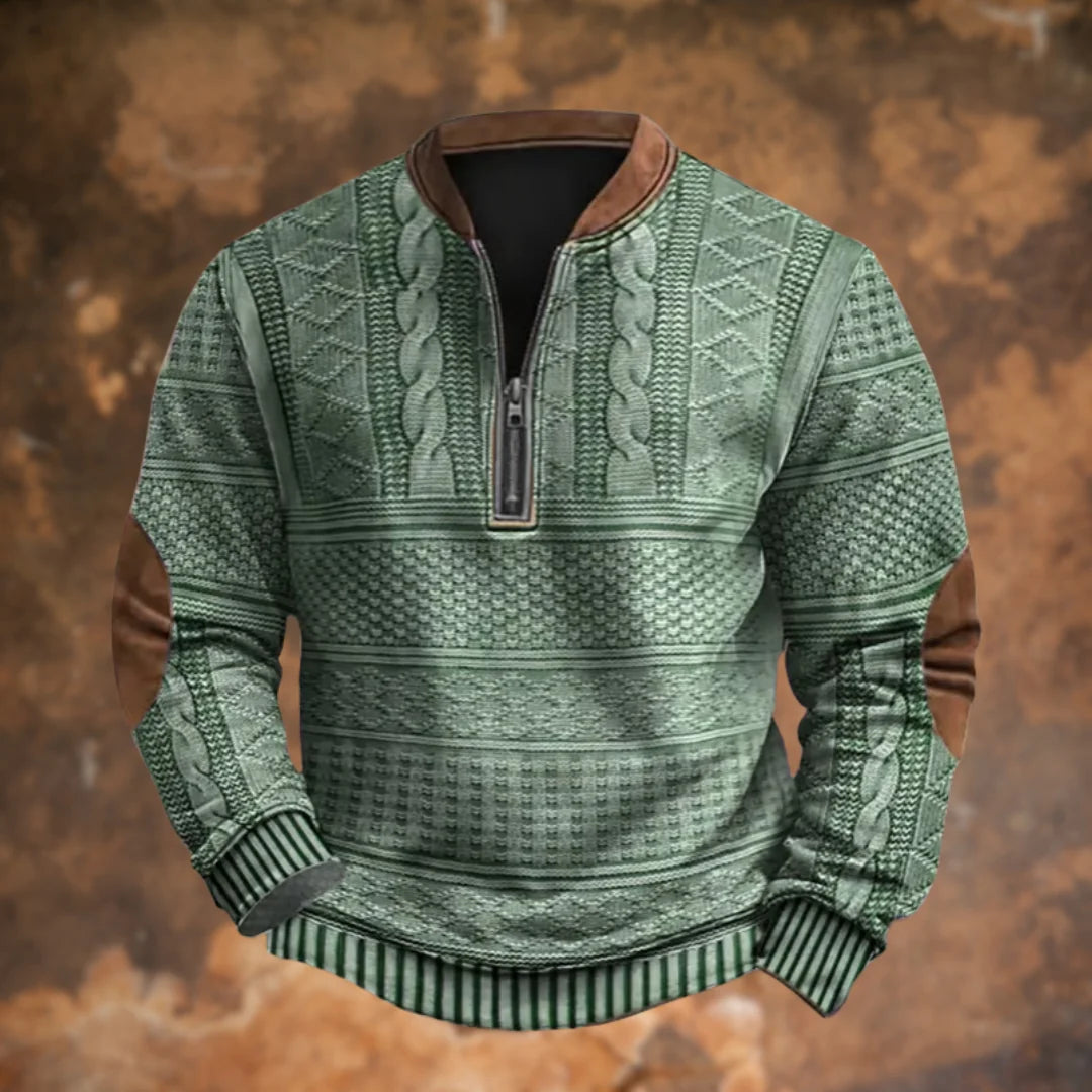 Green Men's Quarter Zip Sweater with Cable Knit Texture & Relaxed Fit — Hudson