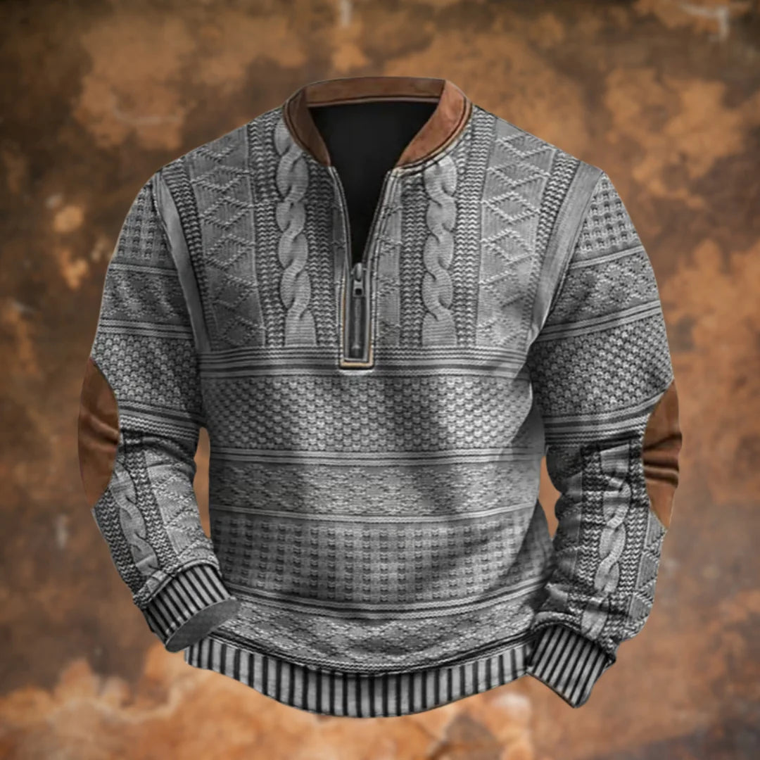 Grey Men's Quarter Zip Sweater with Cable Knit Texture & Relaxed Fit — Hudson