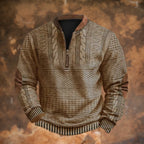 Khaki Men's Quarter Zip Sweater with Cable Knit Texture & Relaxed Fit — Hudson - Front Detail